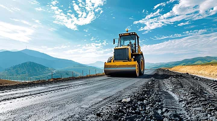 Yellow soil compactor roller smoothing gravel base on a mountain road construction site Yellow soil compactor roller smoothing gravel base on a mountain road construction site