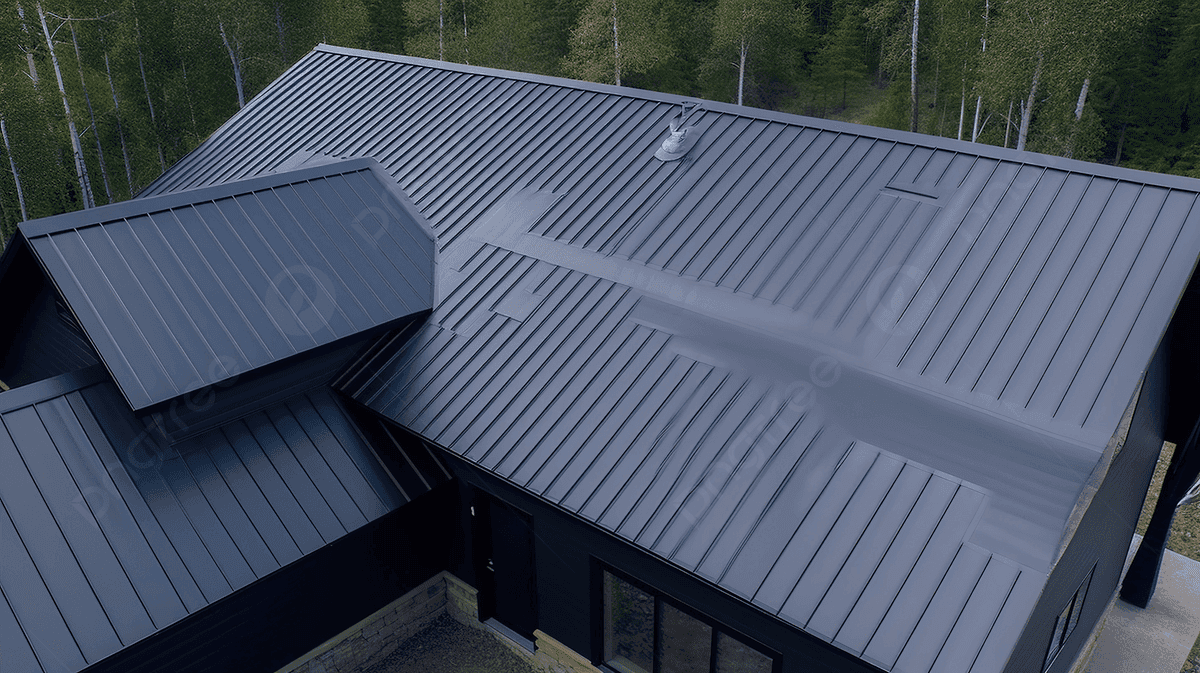 Modern house with a dark grey standing seam metal roof surrounded by pine trees Modern house with a dark grey standing seam metal roof surrounded by pine trees