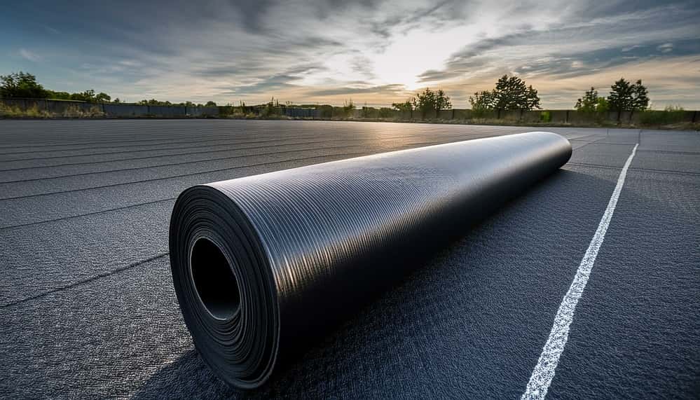Large roll of black EPDM rubber membrane unrolled on a flat roof deck Large roll of black EPDM rubber membrane unrolled on a flat roof deck