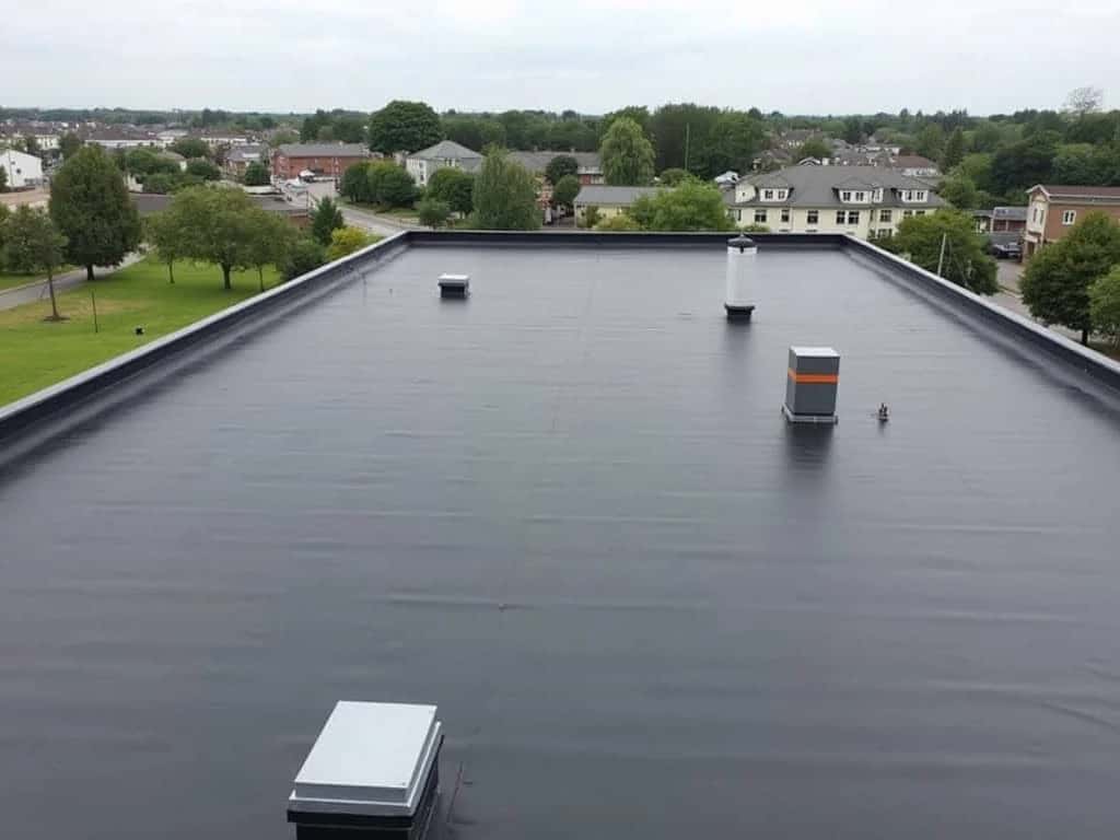 Elevated view of a completed black EPDM rubber membrane commercial flat roof Elevated view of a completed black EPDM rubber membrane commercial flat roof