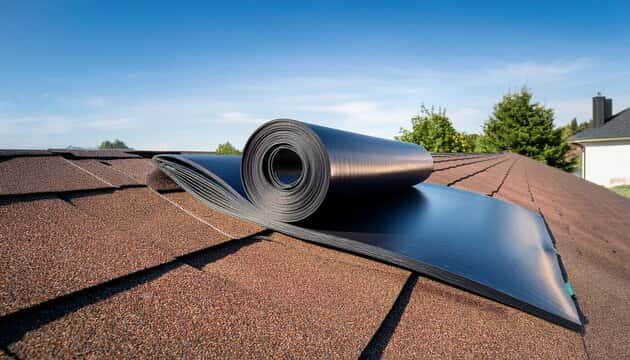 Roll of black waterproof roof underlayment resting on architectural asphalt shingles Roll of black waterproof roof underlayment resting on architectural asphalt shingles