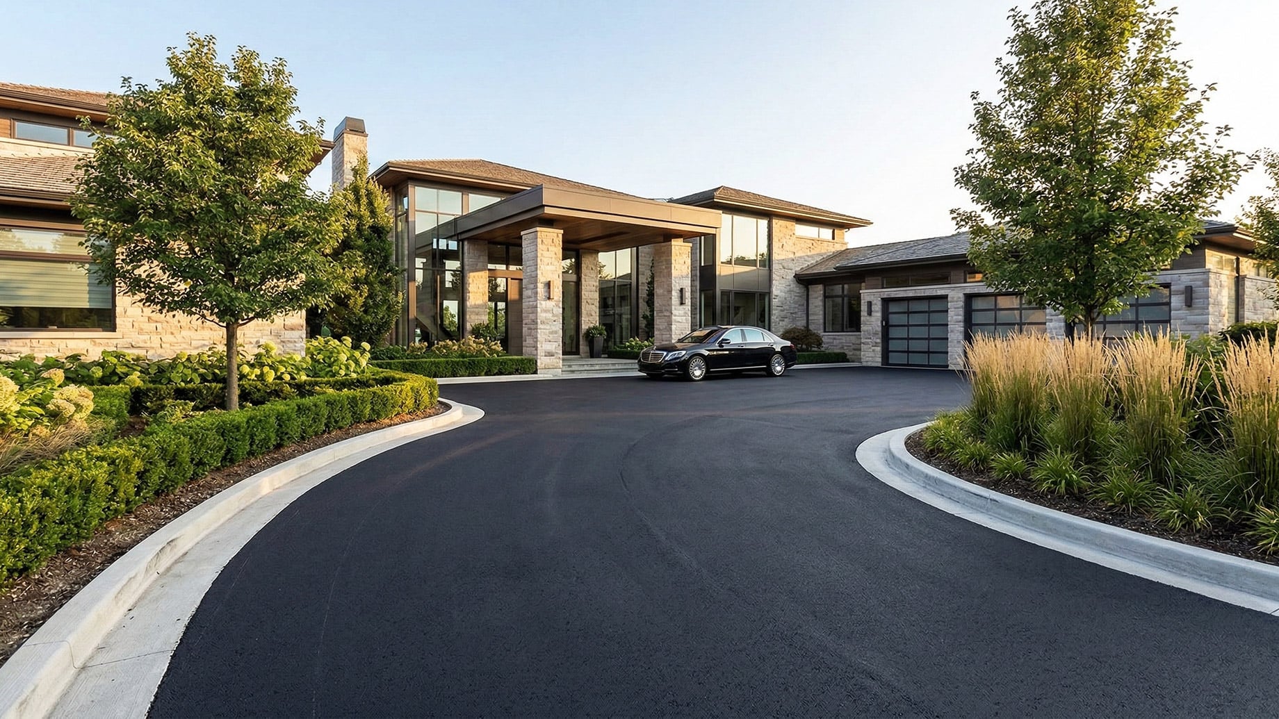 Curved asphalt driveway with concrete curbing leading to a luxury modern stone home with a porte-cochere Curved asphalt driveway with concrete curbing leading to a luxury modern stone home with a porte-cochere