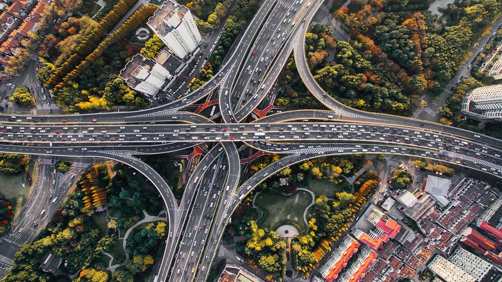 Bird’s-eye view of multi-tiered highway infrastructure engineered for major municipal transit Bird’s-eye view of multi-tiered highway infrastructure engineered for major municipal transit
