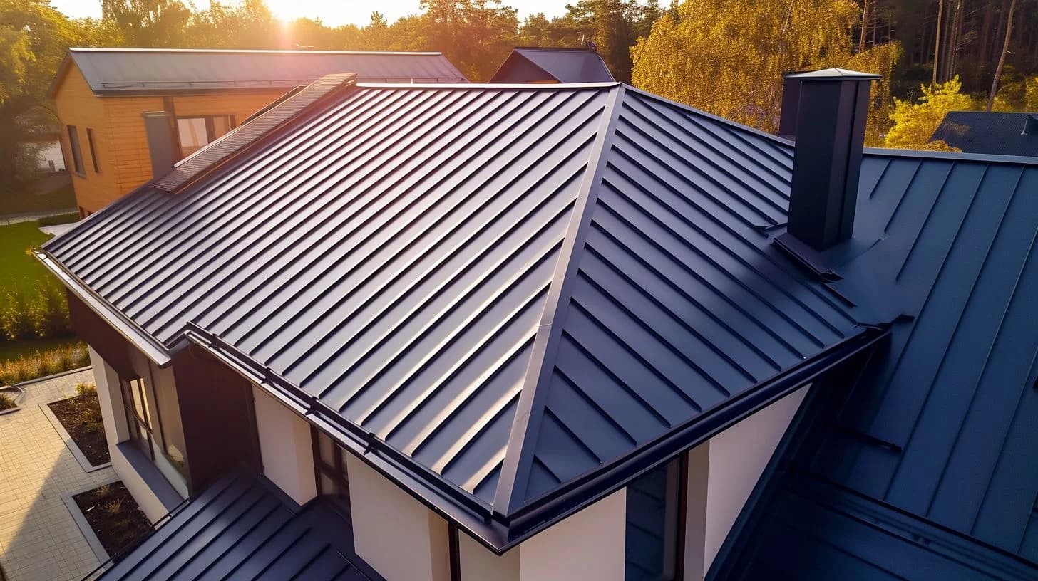 Commercial Roofing Aerial view of a contemporary home featuring a dark standing seam metal roof illuminated by warm sunlight
