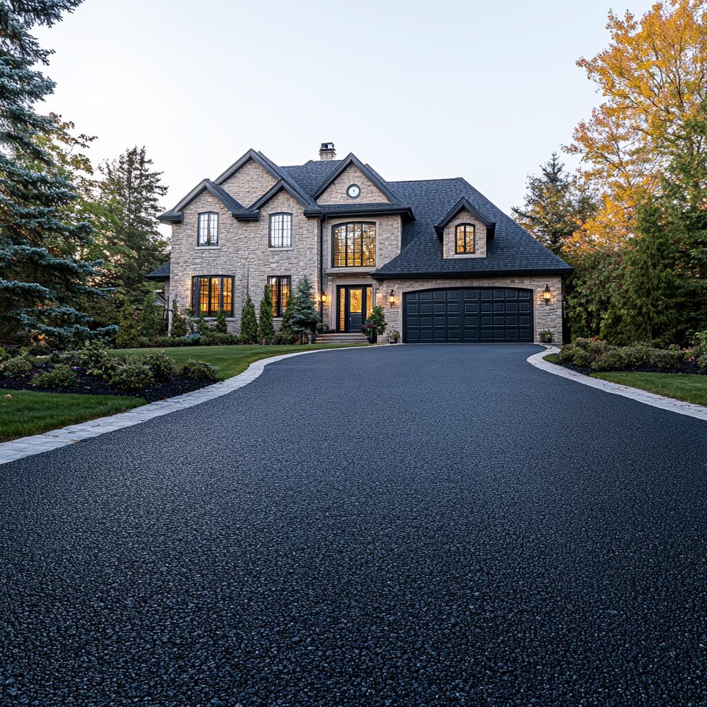 Front view of an elegant stone luxury home featuring a wide, freshly paved asphalt driveway bordered by stone pavers Front view of an elegant stone luxury home featuring a wide, freshly paved asphalt driveway bordered by stone pavers