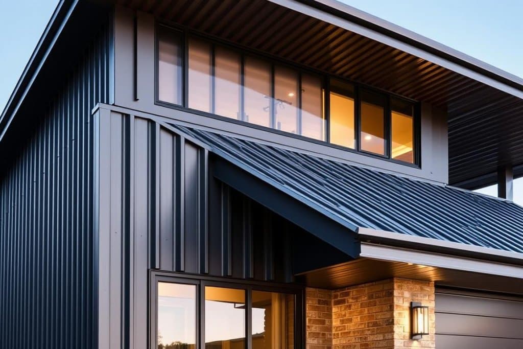 Modern residential exterior showing dark vertical metal siding, an angled standing seam roof, and warm interior lighting Modern residential exterior showing dark vertical metal siding, an angled standing seam roof, and warm interior lighting