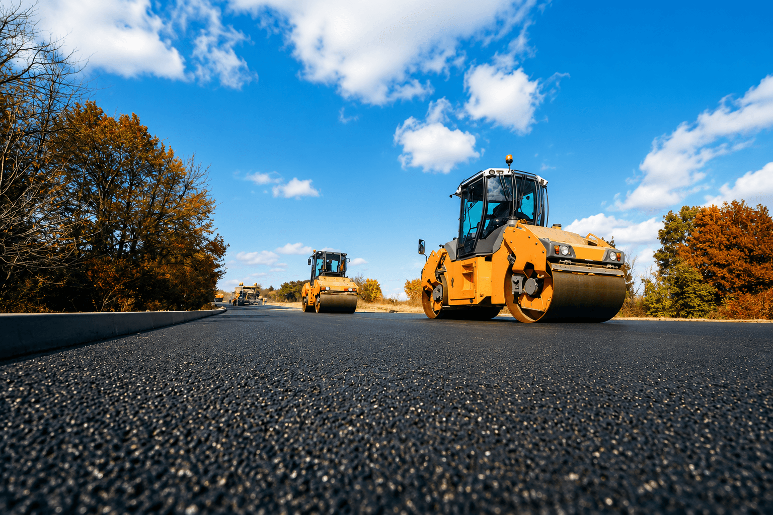 Two yellow vibratory road roller machines compacting a newly paved asphalt road under a bright blue sky Two yellow vibratory road roller machines compacting a newly paved asphalt road under a bright blue sky
